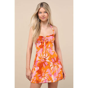 Lulus Sabine Orange Multi Floral Halter Mini Dress - Size M